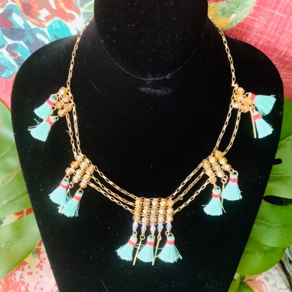 TASSEL FRINGE BEADED STATEMENT NECKLACE BOHO VIBE / GOLD FILAGREE CHAIN NEW - Picture 3 of 6